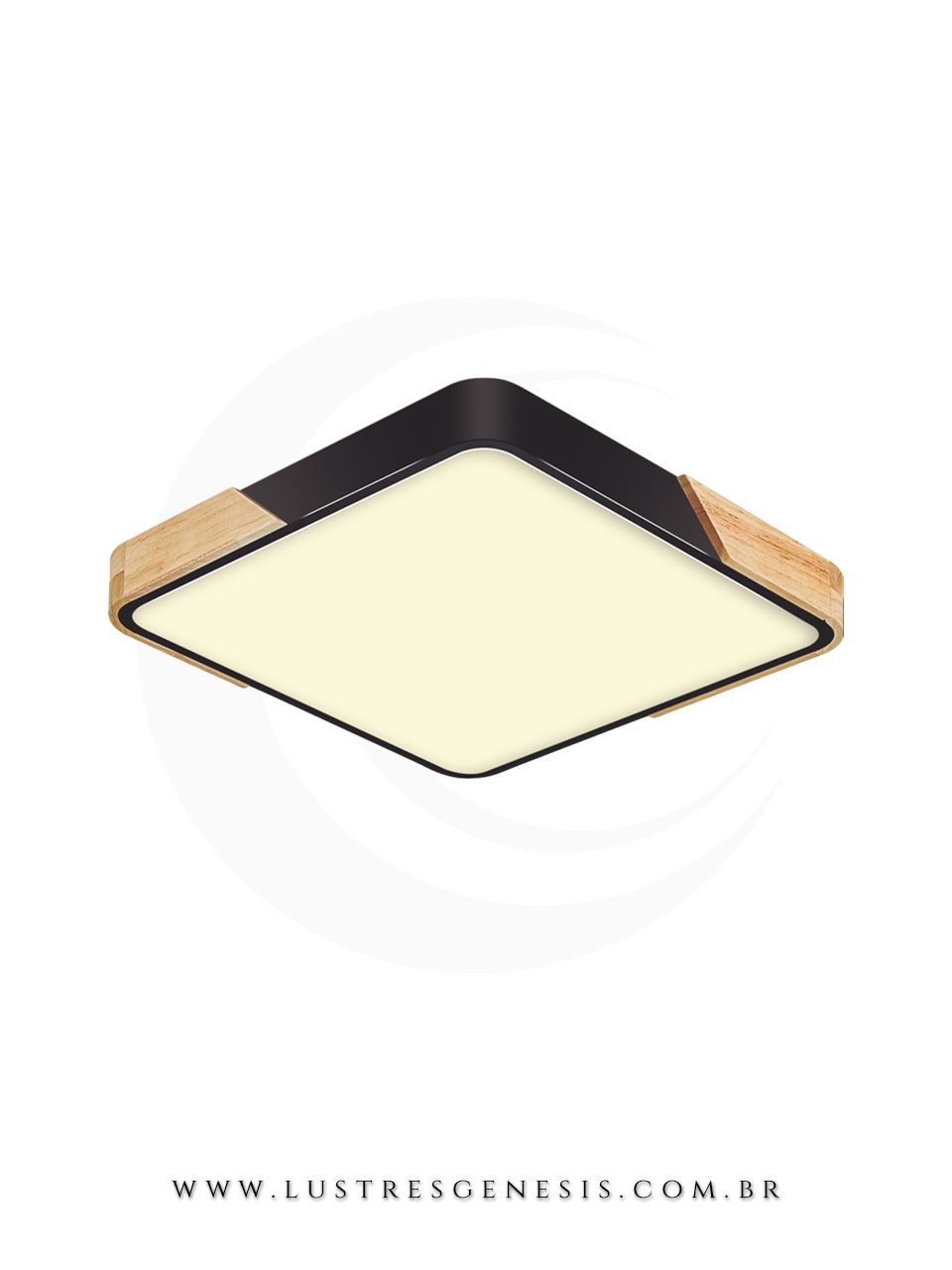 Plafon quadrado branco Zora 41x41cm com LED 2800 lúmens, design moderno com cantos em madeira, ideal para quartos, sala de estar, corredor, hall e escritório.